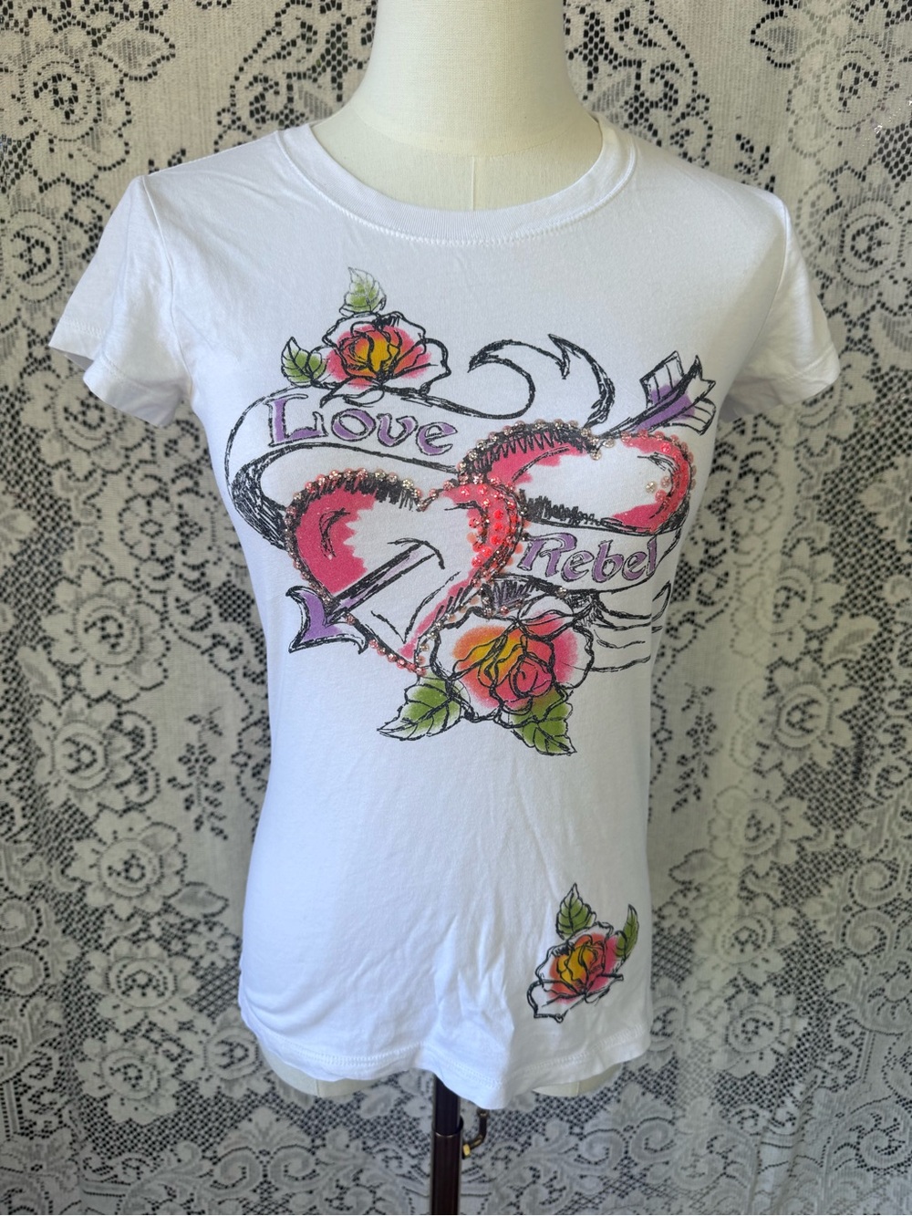 Love Rebel White Graphic Tee with Pink Heart and Rose Motif